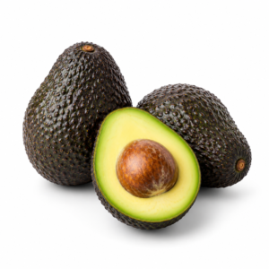 Whole and halved avocados